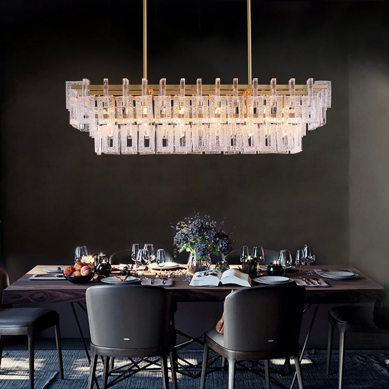 Modern Gold Frame Glass Linear Chandelier - Dining Room