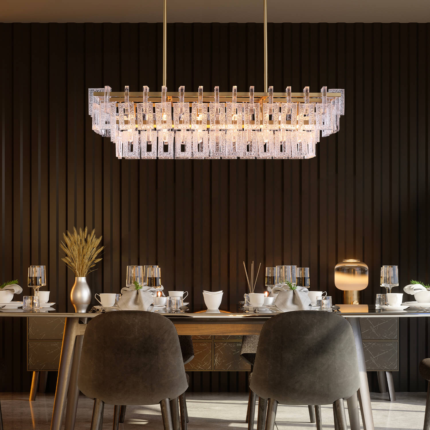 Modern Gold Frame Glass Linear Chandelier - Dining Room