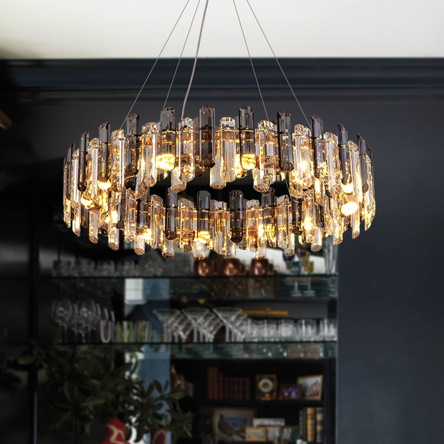 Round Glass Shade Gold Chandelier Close Up