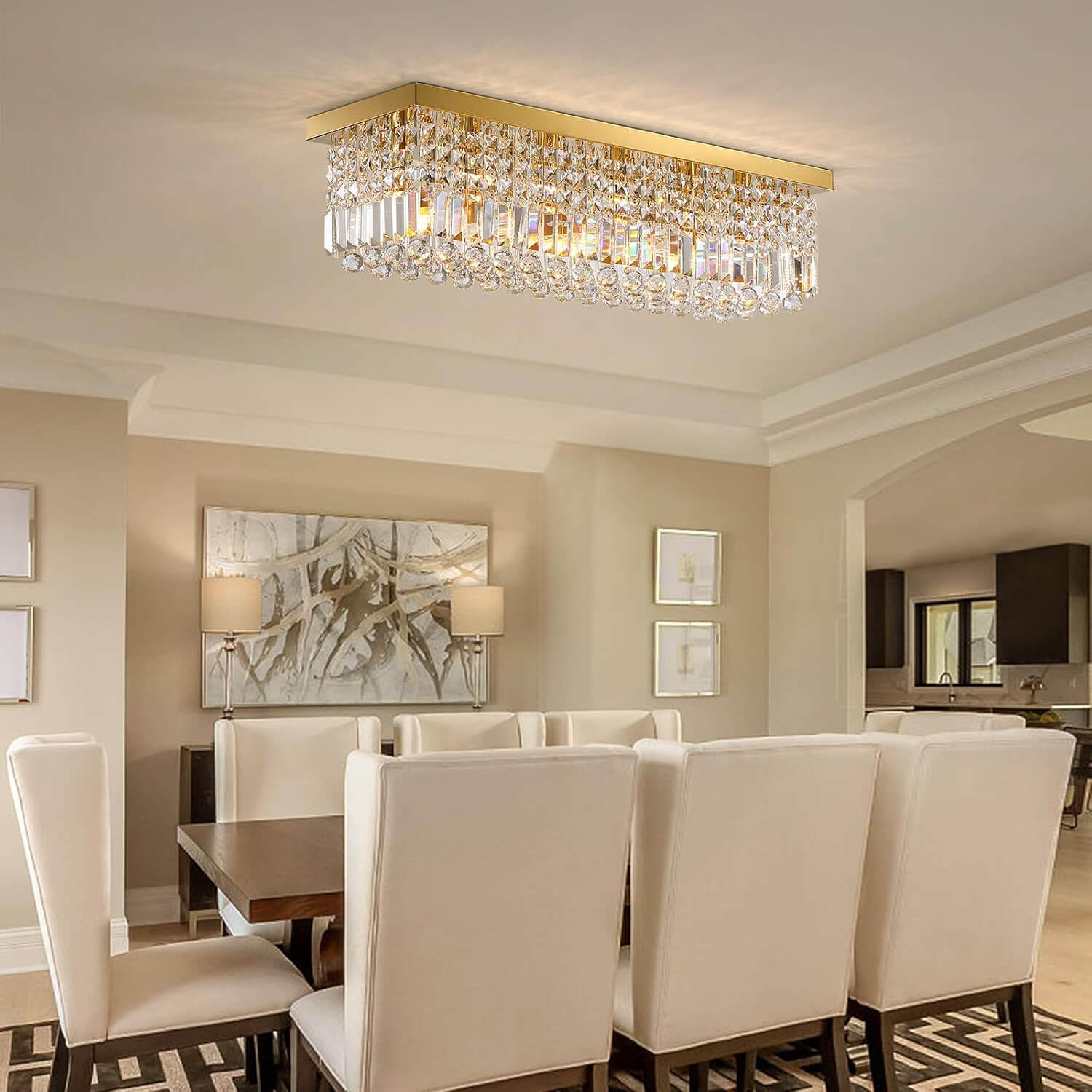 Ceiling Mount Rectangular Crystal Raindrop Chandelier-diningroom-2 | Sofary Lighting