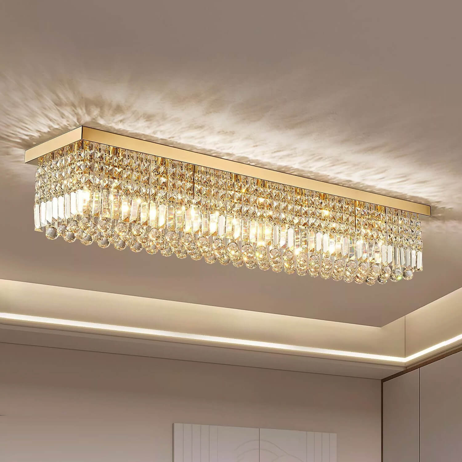 Ceiling Mount Rectangular Crystal Raindrop Chandelier-diningroom-4 | Sofary Lighting