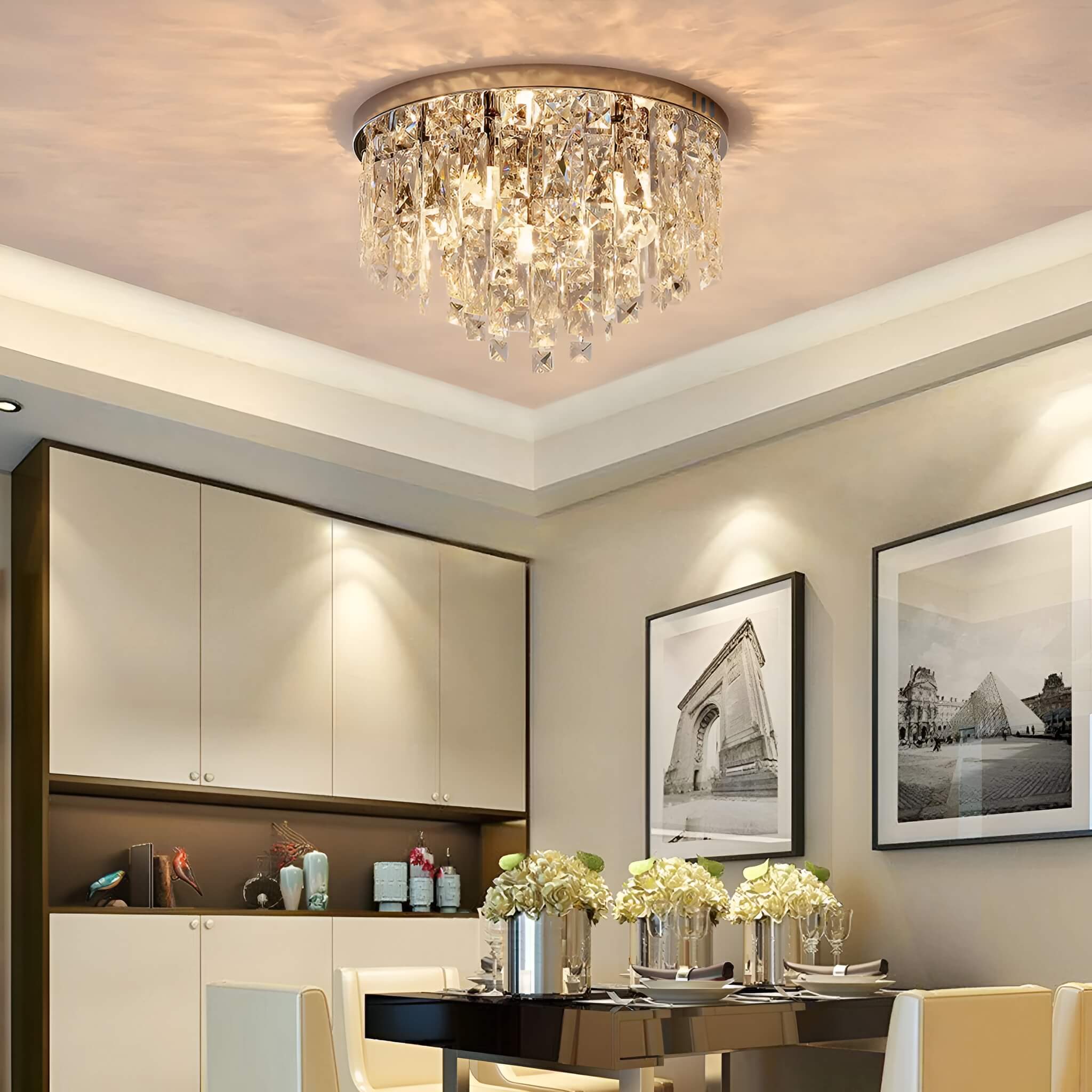 Contemporary Round Crystal Chandeliers for Bedroom Flush Mount