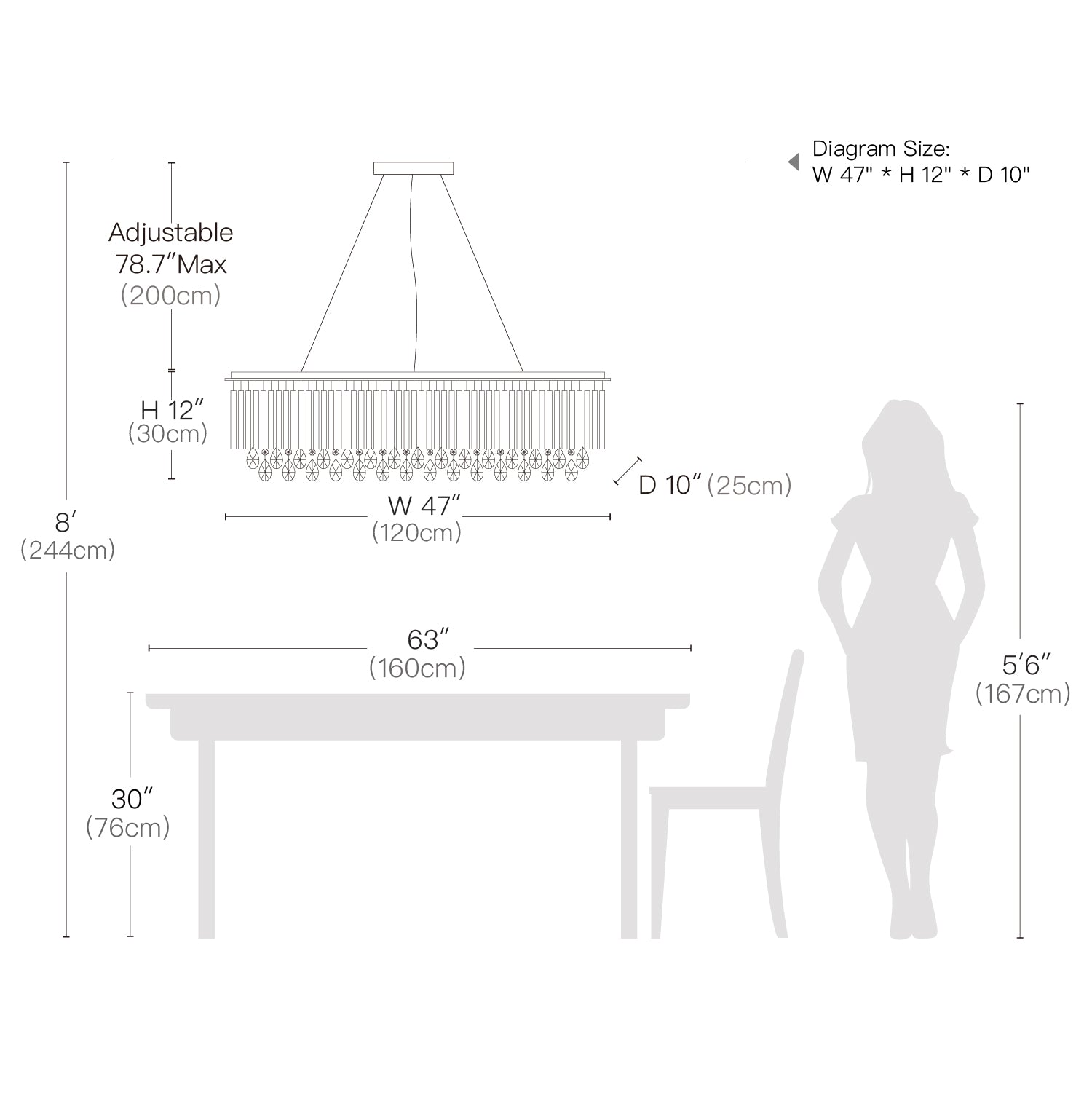 Rectangular Crystal Chandelier with Frosted Crystal Rods - Size | Sofary Lighting