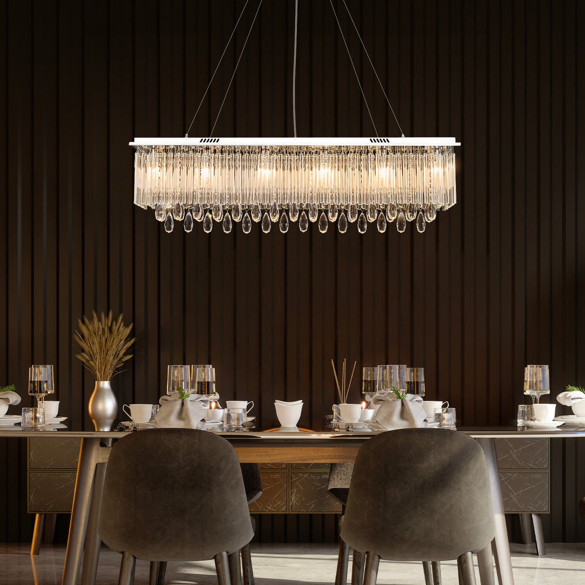 Rectangular Crystal Chandelier with Frosted Crystal Rods | Sofary Lighting