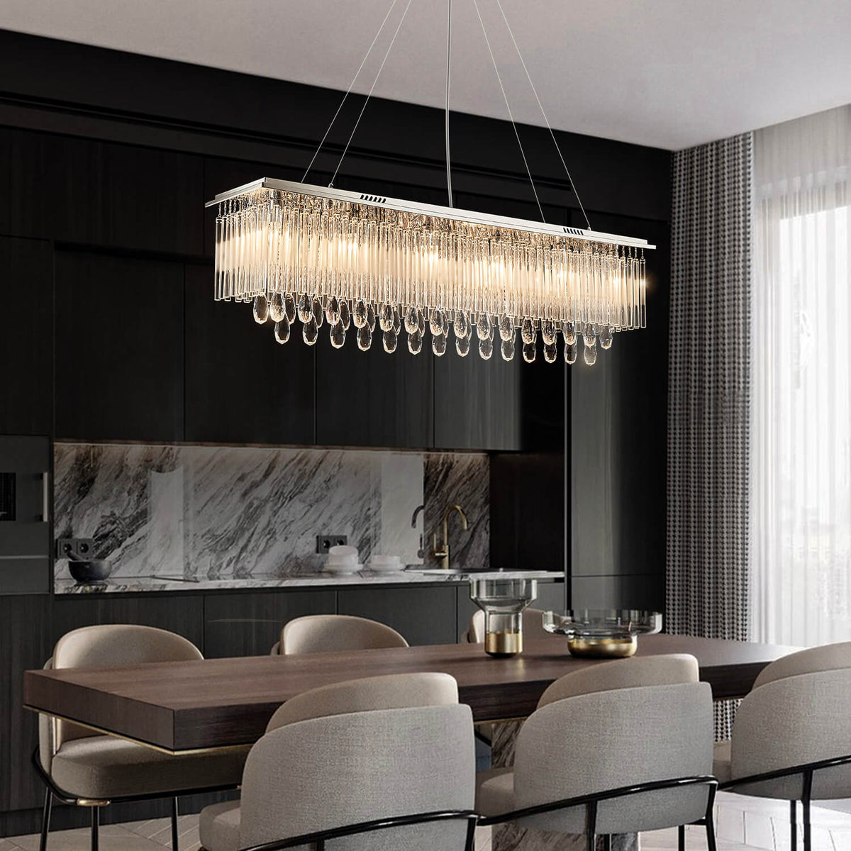 Rectangular Crystal Chandelier with Frosted Crystal Rods | Sofary Lighting