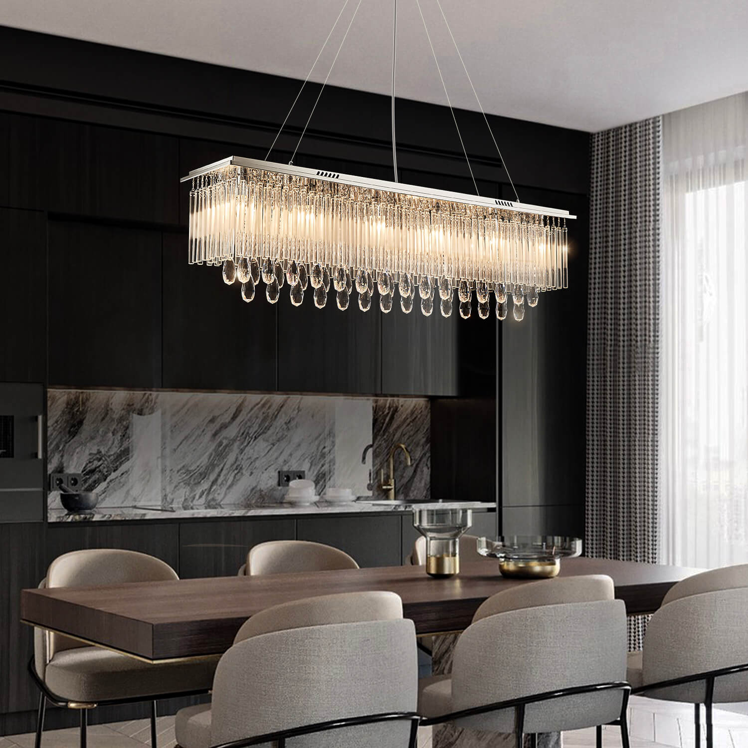 Rectangular Frosted Crystal Chandelier -dining-room-2 | Sofary Lighting